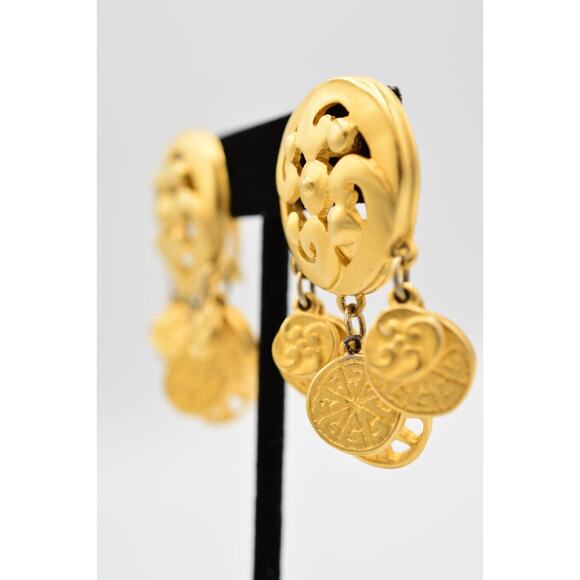 Givenchy Vintage Coin Clip On Earrings Brushed Gold Logo Etruscan Signed BinQ - Picture 2 of 12